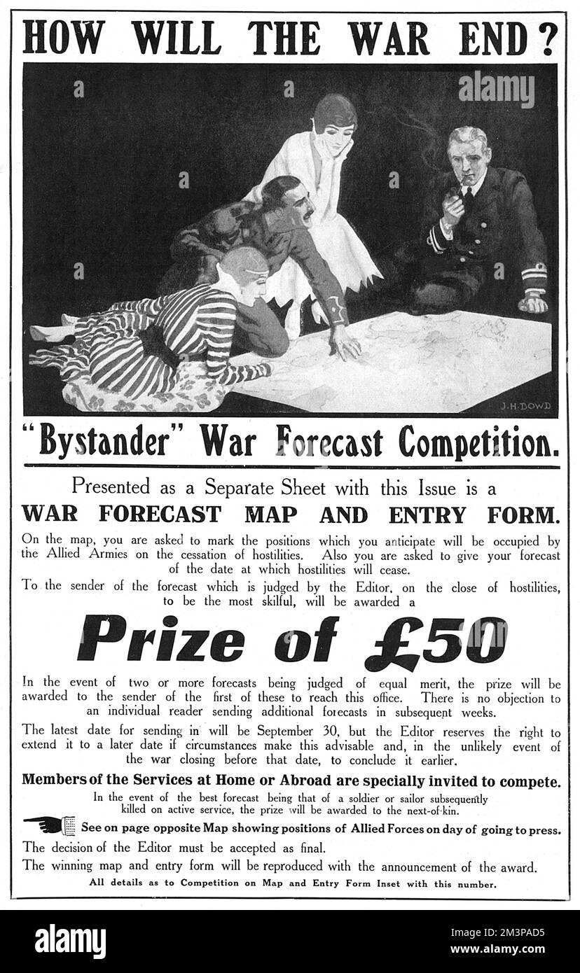 The Bystander magazine's War Forecast Competition with a prize of 50 asking readers to mark the anticipated positions of the Allied Armies in the cessation of hostilities.  The closing date for the competition was 30 September 1915 and if the competition was won by a soldier or sailor who was subsequently killed in action, the prize money would go to next of kin!  Picture 1 of 2 - see picture number 10731632 for accompanying map.     Date: 1915 Stock Photo