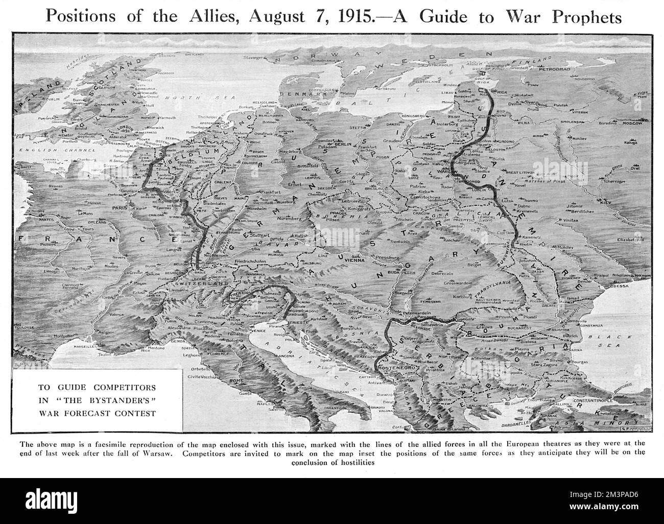 Picture 2 of 2 (see 10731631 for 1st).  Map of Europe to accompany the Bystander magazine's war forecast competition, run in August 1915, with a closing date of 30 September that year.  Readers were invited to predict the positions of the Allied armies when hostilities ceased.  Though of course, it would be more than three years before anyone would discover the outcome.     Date: 1915 Stock Photo