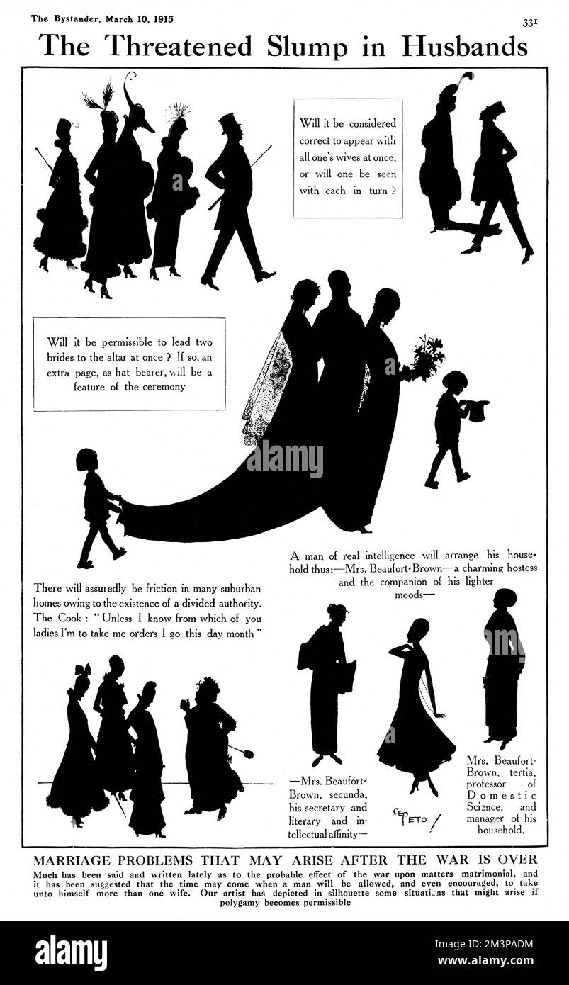 The Bystander takes a humourous look in 1915 at the marriage problems that may arise after the war is over. C.E Peto imagines the social consequences of polgamy becoming permissable in the wake of possible man shortages.  March 1915 Stock Photo