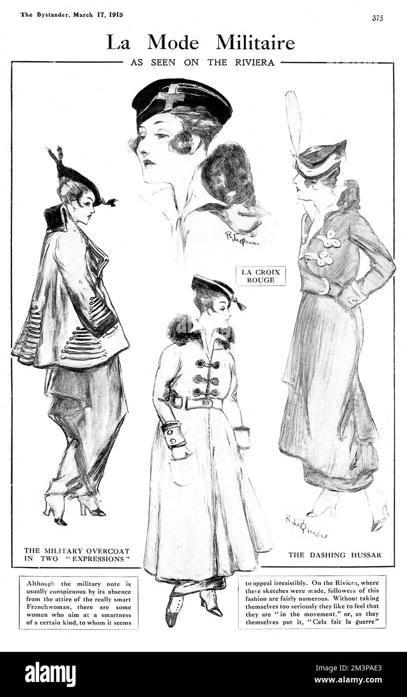 Military fashions, inspired by World War One, as seen on the French Riviera. Military overcoats, a costume showing Hussar influences, and a hat adorned with red cross reflect the support of French women for the men at the front.  March 1915 Stock Photo