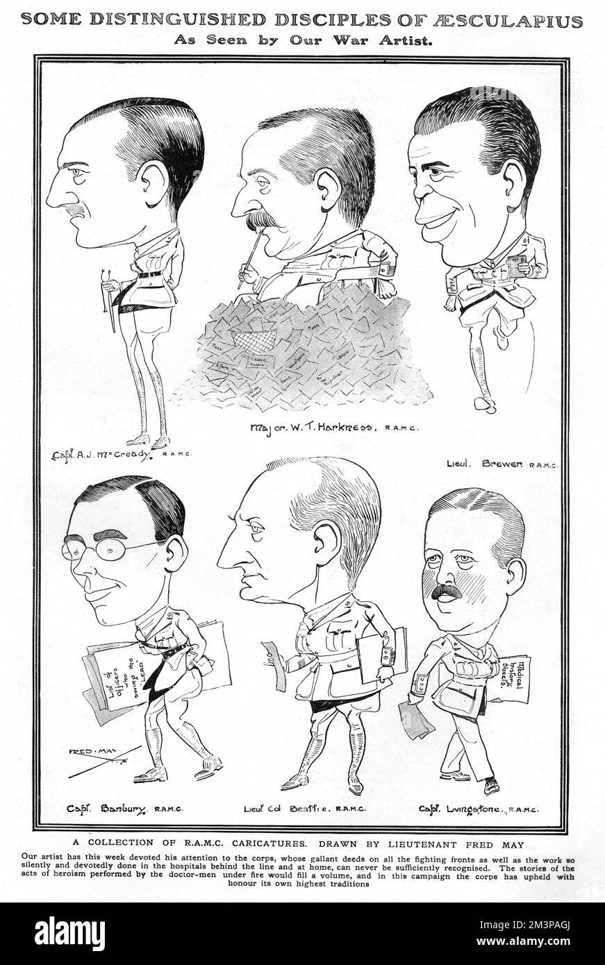 Portraits of members of the RAMC by caricaturist Fred May.  Clockwise from top left - Captain A. J. McCready, Major W. T. Harkness, Lieutenant Brewen, Captain Banbury, Lieut-Colonel Beattie and Captain Livingstone.       Date: 1918 Stock Photo