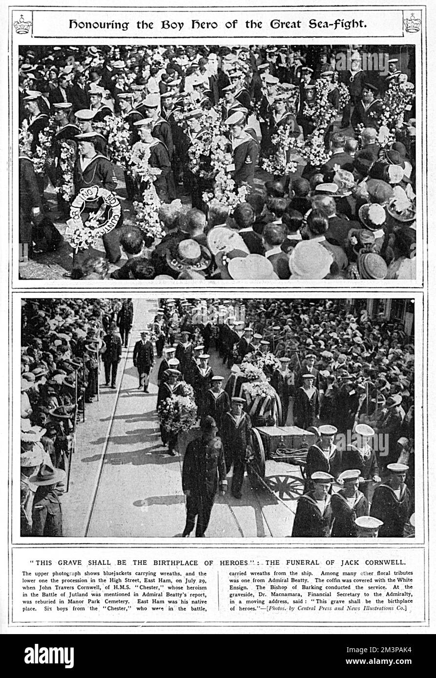 The funeral cortege of Jack Cornwell V.C., leaving East Ham Town Hall and progressing down the High Street towards Manor Park Cemetery where he was buried.  John Travers Cornwell was Boy Seaman First Class on H.M.S Chester. H.M.S Chester was on the front lines at the Battle of Jutland and came under fire from four Kaiserliche Marine cruisers. John was the sole survivor of all the gun turret positions and remained at his position, though severely wounded, until the battle ended. He died in hospital of his wounds and was awarded a Victoria Cross after his death in honour of his bravery and deter Stock Photo