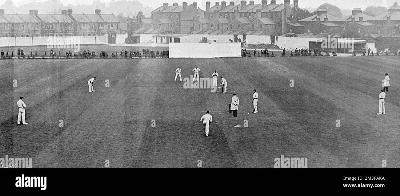 Essex host 1902 champions Yorkshire in a County Championship cricket match at the Leyton Ground, East London. Essex are in the field, with Denton and Wilkinson batting for Yorkshire, who won the match by 261 runs.     Date: May 1903 Stock Photo