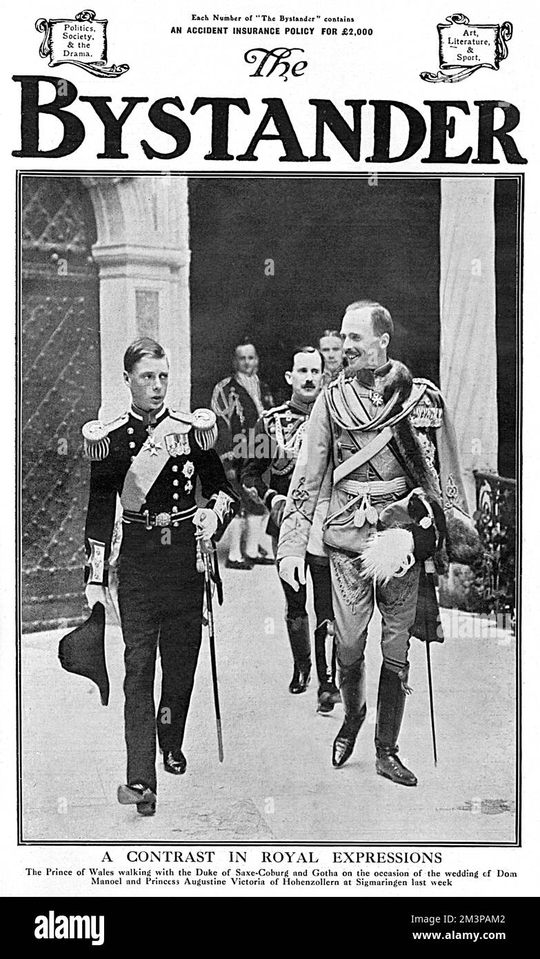 Front cover of The Bystander showing Edward, Prince of Wales (later King Edward VIII, then Duke of Windsor) in the uniform of a naval lieutenant, attending the wedding of ex-King Manuel of Portugal and Princess Augusta Victoria of Hohenzollern at Sigmaringen in Southern Germany, the home town of the bride.  With him, is the Duke of Saxe-Coburg and Gotha, formerly Prince Charles Edward of Albany, son of Prince Leopold and cousin to King George V.       Date: 1913 Stock Photo