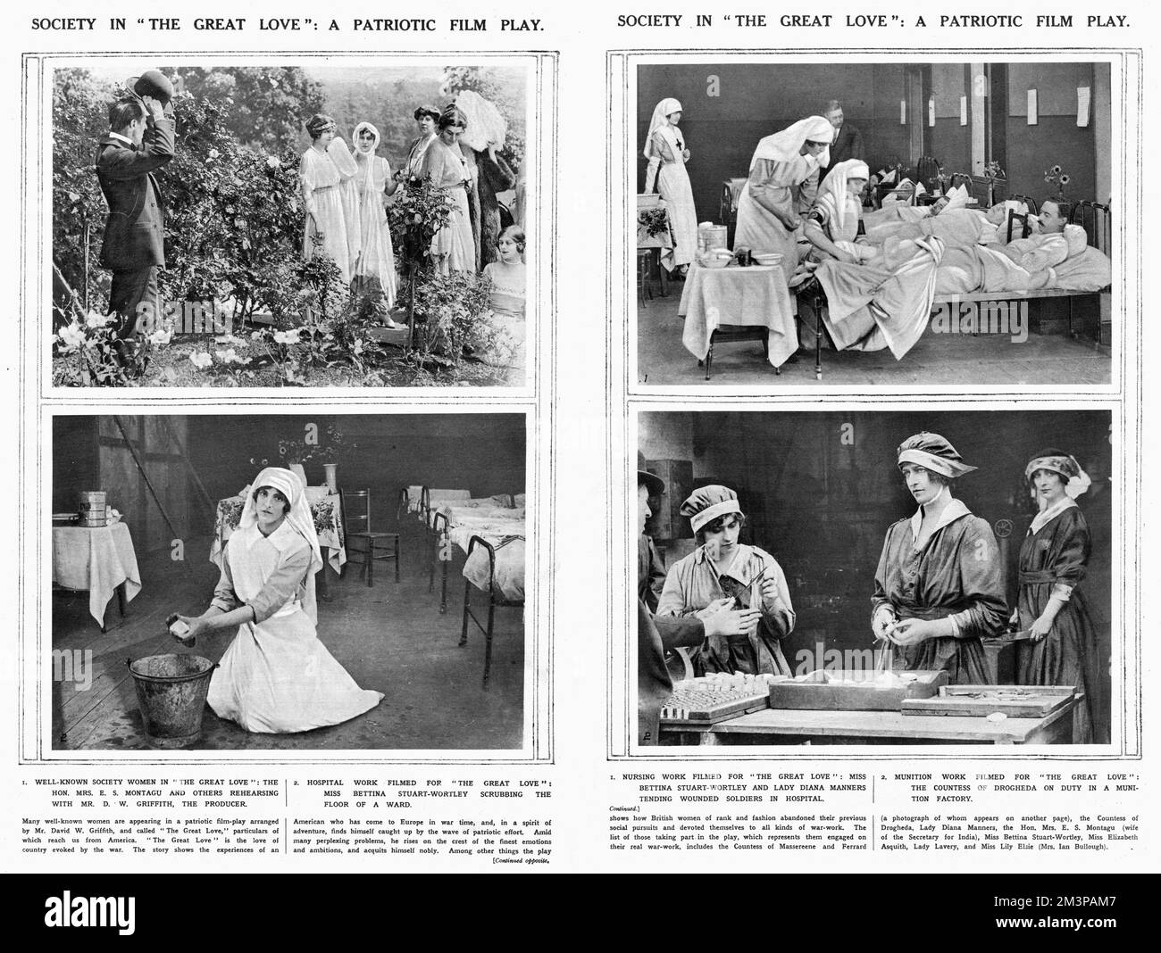 A double page spread from The Sketch magazine showing four scenes from the patriotic war film, The Great Love.  Directed by D. W. Griffith and released in 1918, the leading roles were played by Lilian Gish and Robert Harron but there was a supporting cast of society ladies, who through the film demonstrated how British women of rank and fashion had abandoned their previous social pursuits and devoted themselves to all kinds of war-work.  They included some of the most prominent and well-known figures in society - Bettine (Bettina) Stuart-Wortley, the ubiquitous Lady Diana Manners, Hazel, Lady Stock Photo