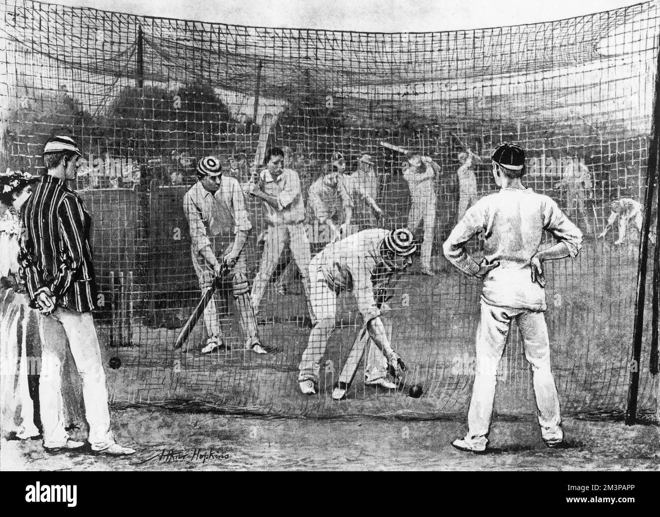 Spectators watching a nets practice session at the Lord's Cricket Ground, Marylebone, London.     Date: 1894 Stock Photo