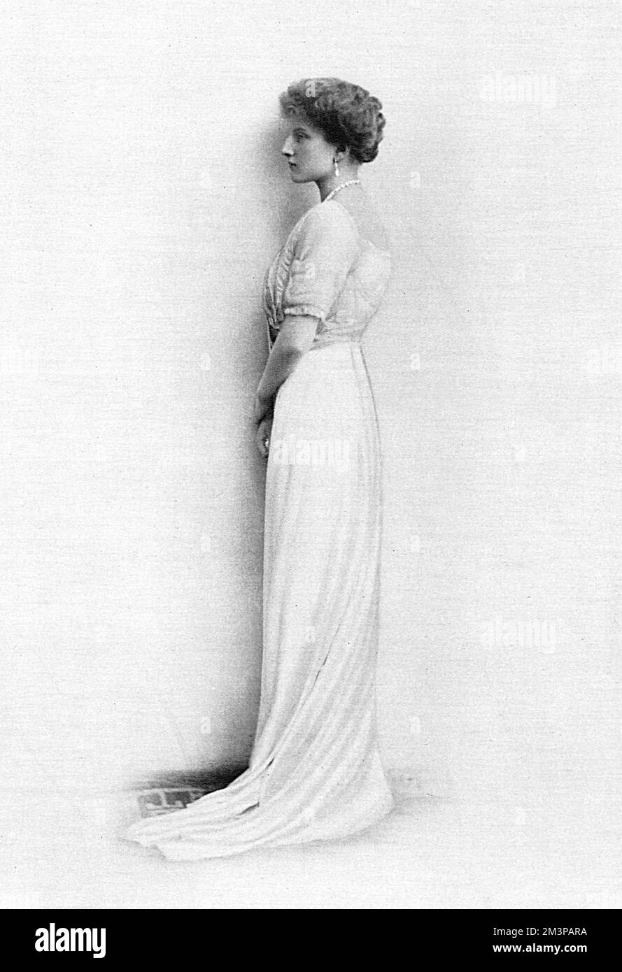 Princess Augusta (or Augustine) Victoria of Hohenzollern (19 August 1890  29 August 1966), only daughter of Prince William of Hohenzollern, was a German princess and wife of King Manuel II of Portugal but only following his deposition. The couple married on 4 September 1913.  The Tatler asks if, as the wife of a deposed monarch, if she will be given HRH or Majesty.       Date: 1913 Stock Photo