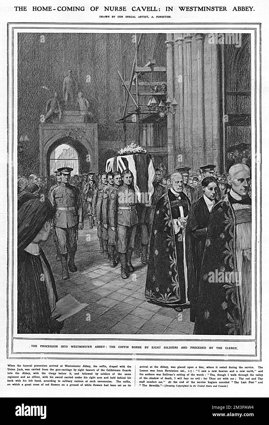 The coffin of Nurse Edith Cavell, draped in a flag, is carried into Westminster Abbey on 15 May 1919. English nurse, Edith Cavell (1865-1915), was executed by the Germans on 12 October 1915 for helping allied soldiers escape from German-occupied Belgium. Her remains were transferred to the UK after the war ended, and a memorial service held in Westminster Abbey, London. She was buried at Life's Green, near Norwich Cathedral, on 19 May.      Date: 1919 Stock Photo