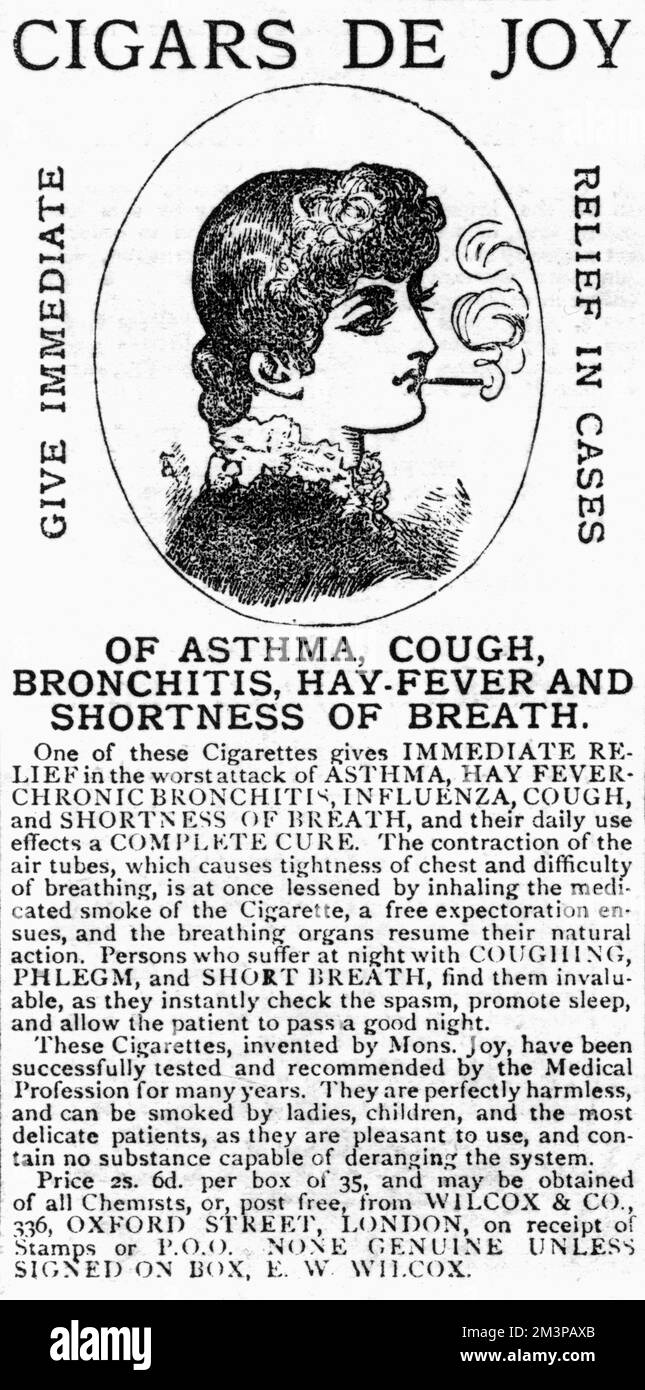 An advertisement for Cigars de Joy, marketed here as offering immediate and complete relief in cases of asthma, cough, bronchitis, hayfever and shortness of breath.     Date: 1881 Stock Photo