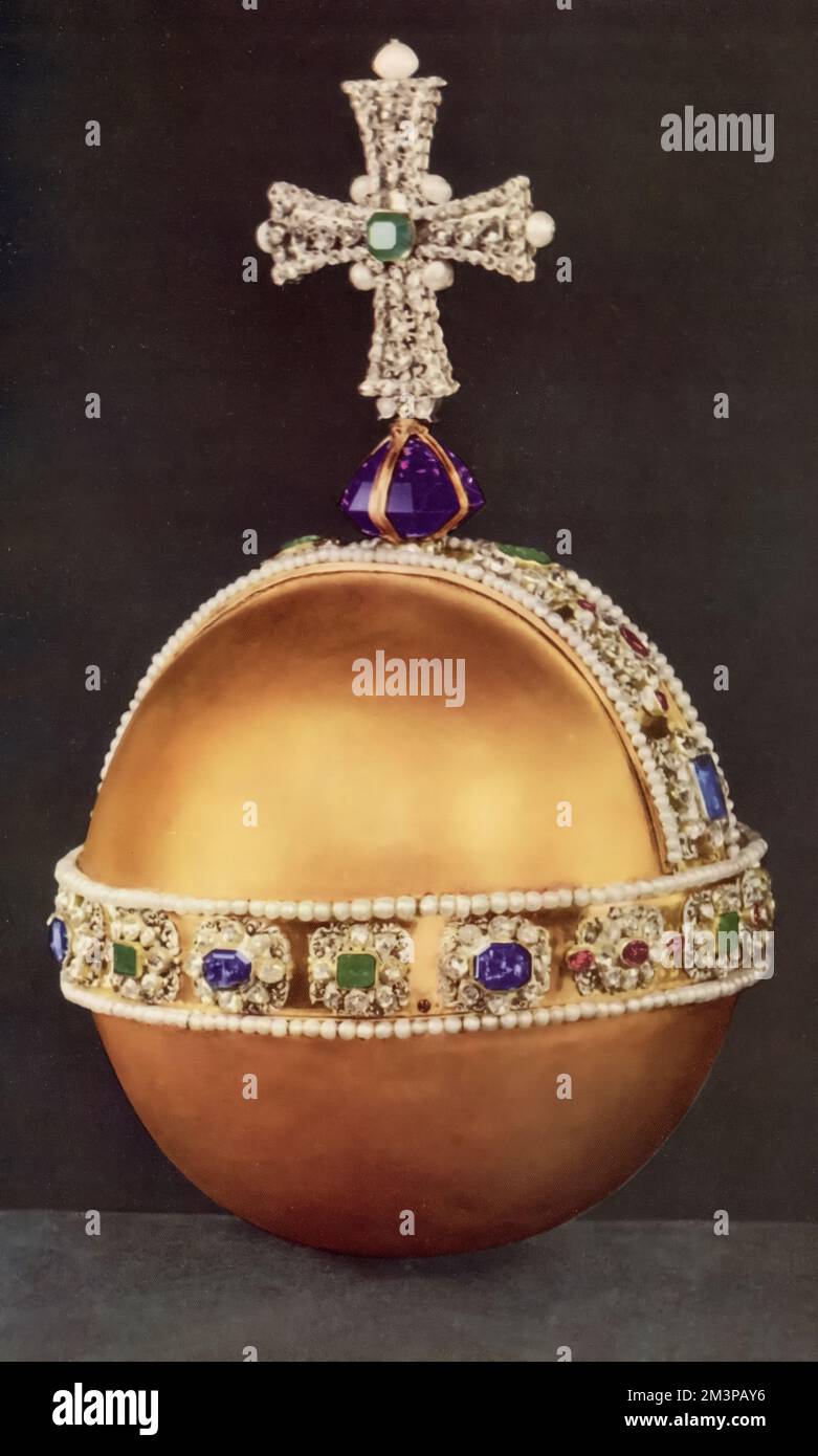 The Sovereign's Orb, 1661. The Orb is a representation of the sovereign's power. It symbolises the Christian world with its cross mounted on a globe. It is part of the Coronation Regalia of the United Kingdom. Stock Photo
