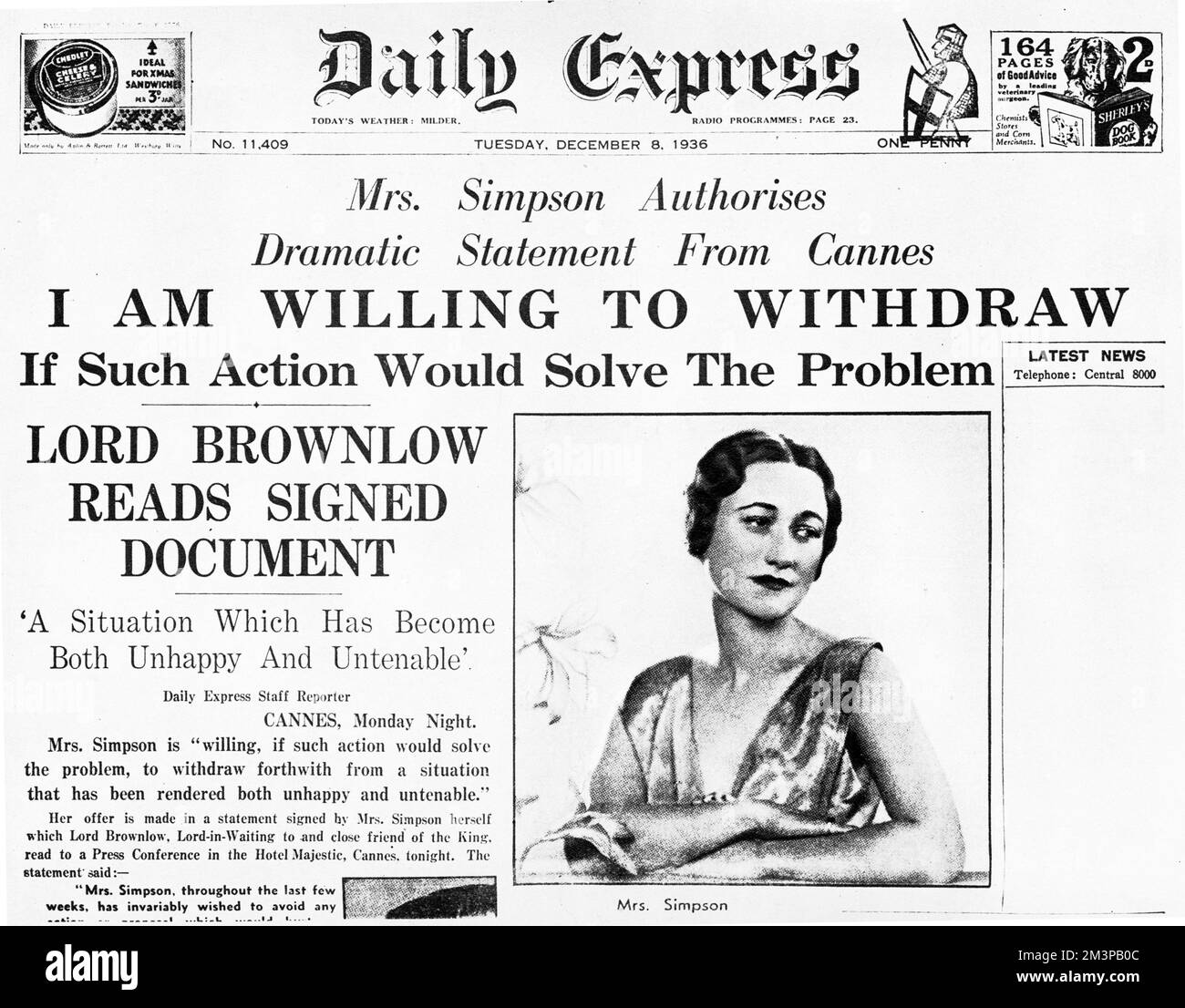 Daily Express front page, December 8th, 1936. Covering a statement made by Wallis Simpson from Cannes, France. In early December 1936, a constitutional crisis in the British Empire arose when Edward VIII proposed to marry Wallis Simpson, an American socialite who was divorced from her first husband and was pursuing the divorce of her second. The marriage was opposed by the governments of the United Kingdom and the Dominions of the British Commonwealth. Stock Photo