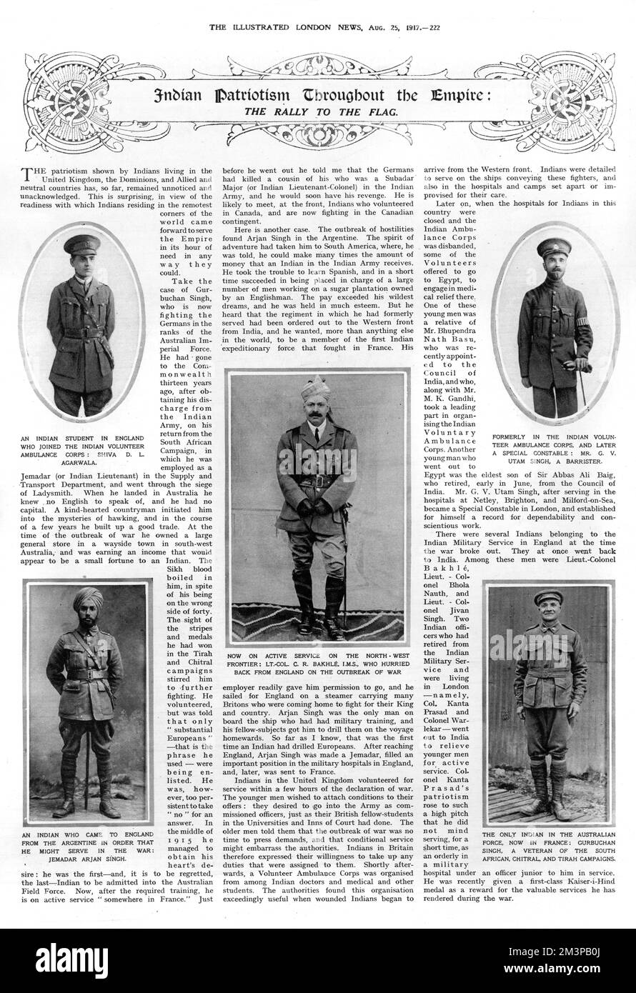 Indian soldiers who came forward to serve the Empire in its hour of need are recognised in this full-page article in The Illustrated London News. Included are Shiva D. L. Agarwala, Mr G.V. Utam Singh, Gurbuchan Singh, Jemadar Arjan Singh, and Lt. Col. C. R. Bakhle.     Date: 1917 Stock Photo