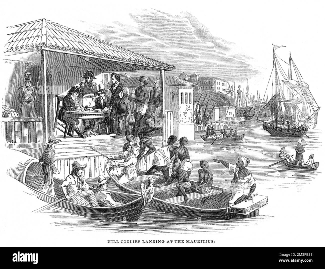 Hill coolies landing at Mauritius, 1842. Coolies were imported as labour to work for the merchants and planters of Mauritius, and were treated as virtual slaves. The Illustrated London News reproduced this image on their front cover 6th August 1842 to highlight the plight of the coolies.  1842 Stock Photo
