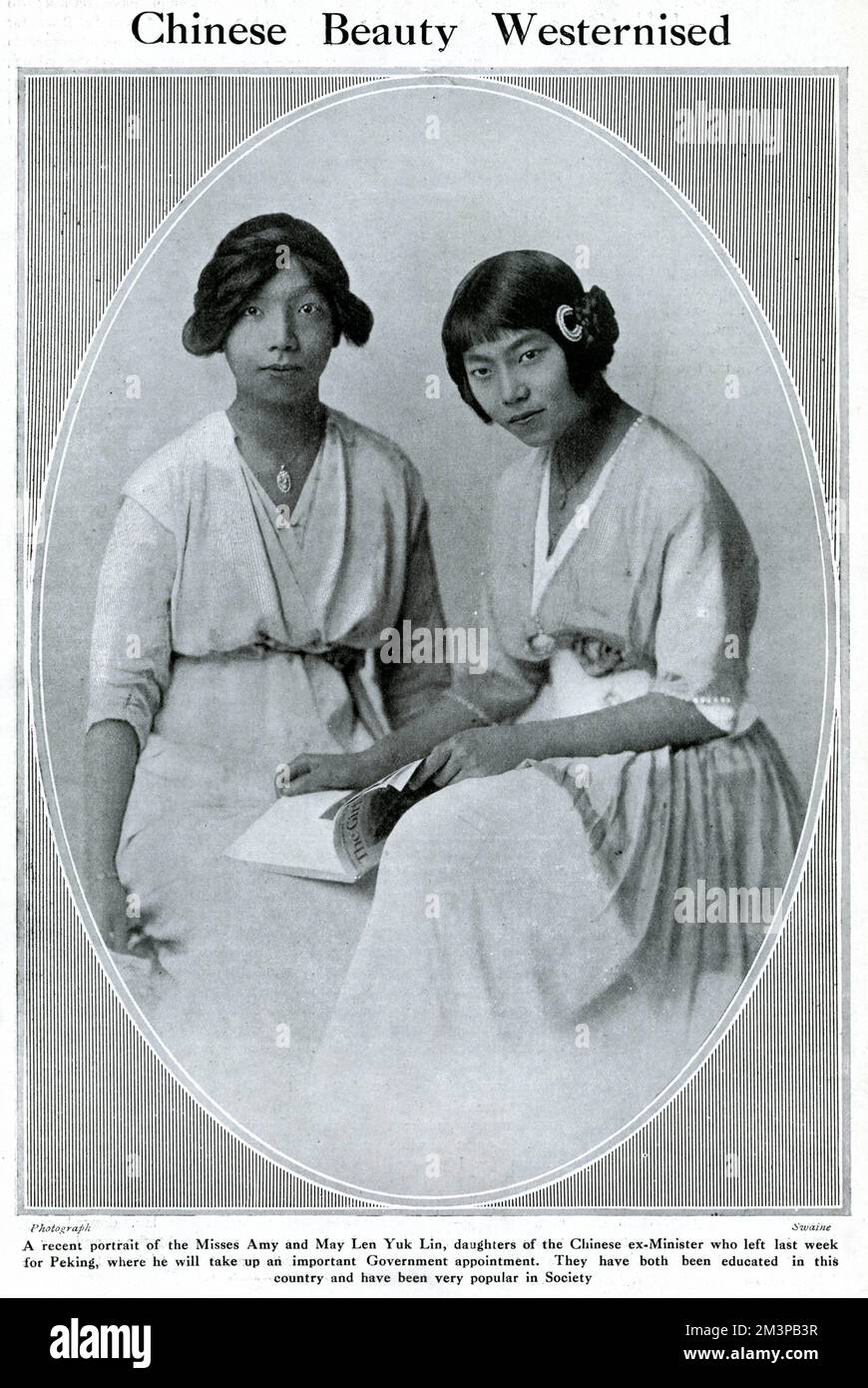 Two young Chinese women in western costume: Misses Amy and May Leu Yuk Lin, daughters of the Chinese ex-Minister, pictured in 1915. The Bystander notes that these ladies were educated in Britain, and proved very popular in Society. Stock Photo