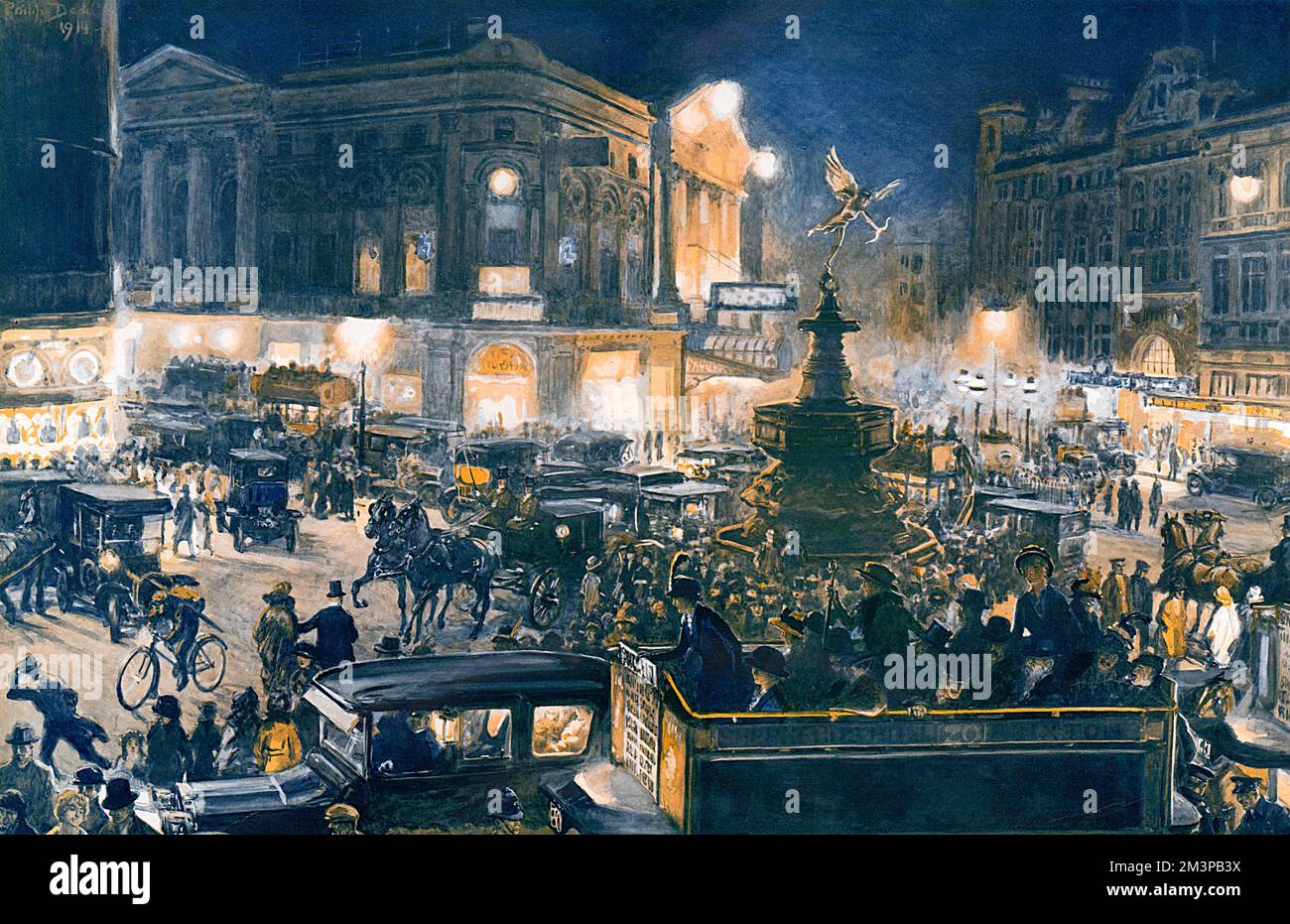 Cars, taxis and horse-drawn cabs jostle for position around Eros in Piccadilly Circus as society leaves restaurants and make their way to London's West End theatres.  A typical scene in the capital at the height of the summer Season.       Date: 1914 Stock Photo
