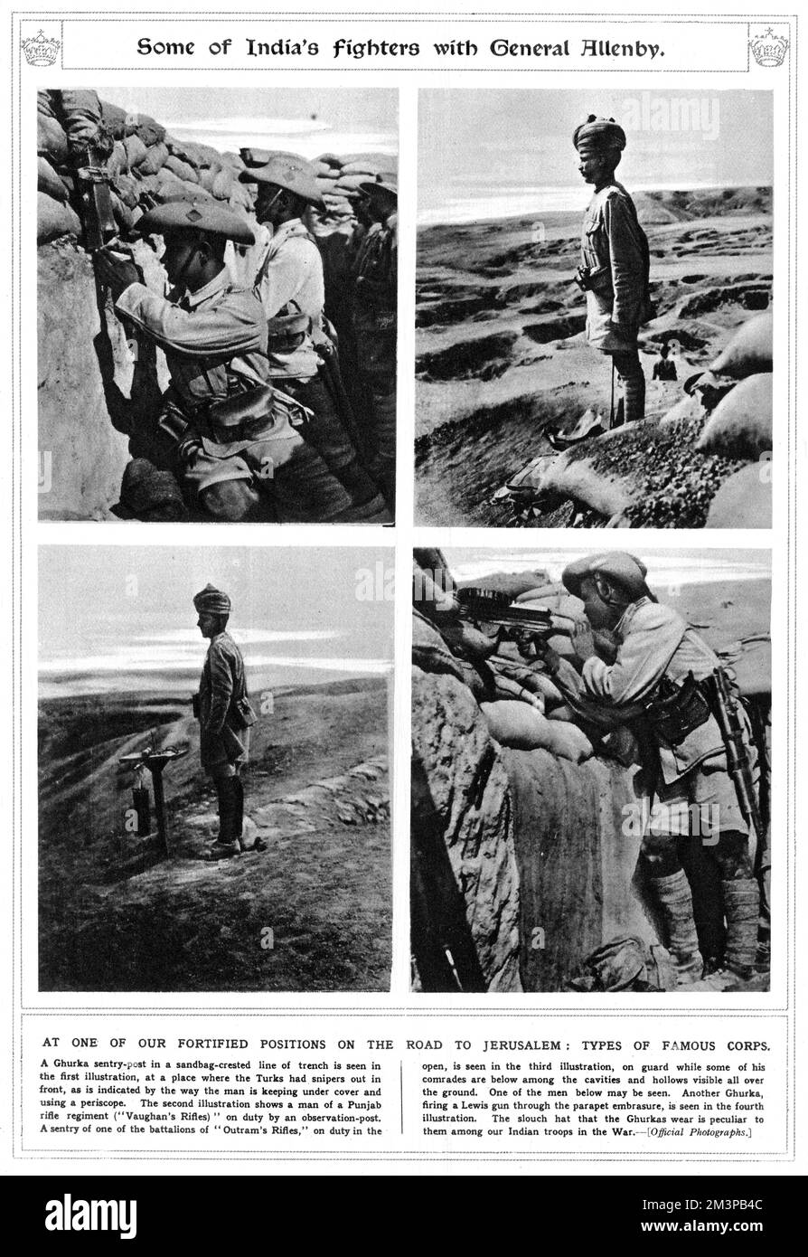 Photographs of Indian soldiers under General Allenby's command on the road to Jerusalem during World War I. Clockwise from top-left: a Gurkha sentry-post in a sandbag-crested line of trench; a man of the Punjab rifle regiment (Vaughan's Rifles) on duty by an observation post; a Gurkha firing a Lewis gun through the parapet; and a sentry of one of the battalions of 'Outram Rifles' on duty in the open     Date: 1917 Stock Photo