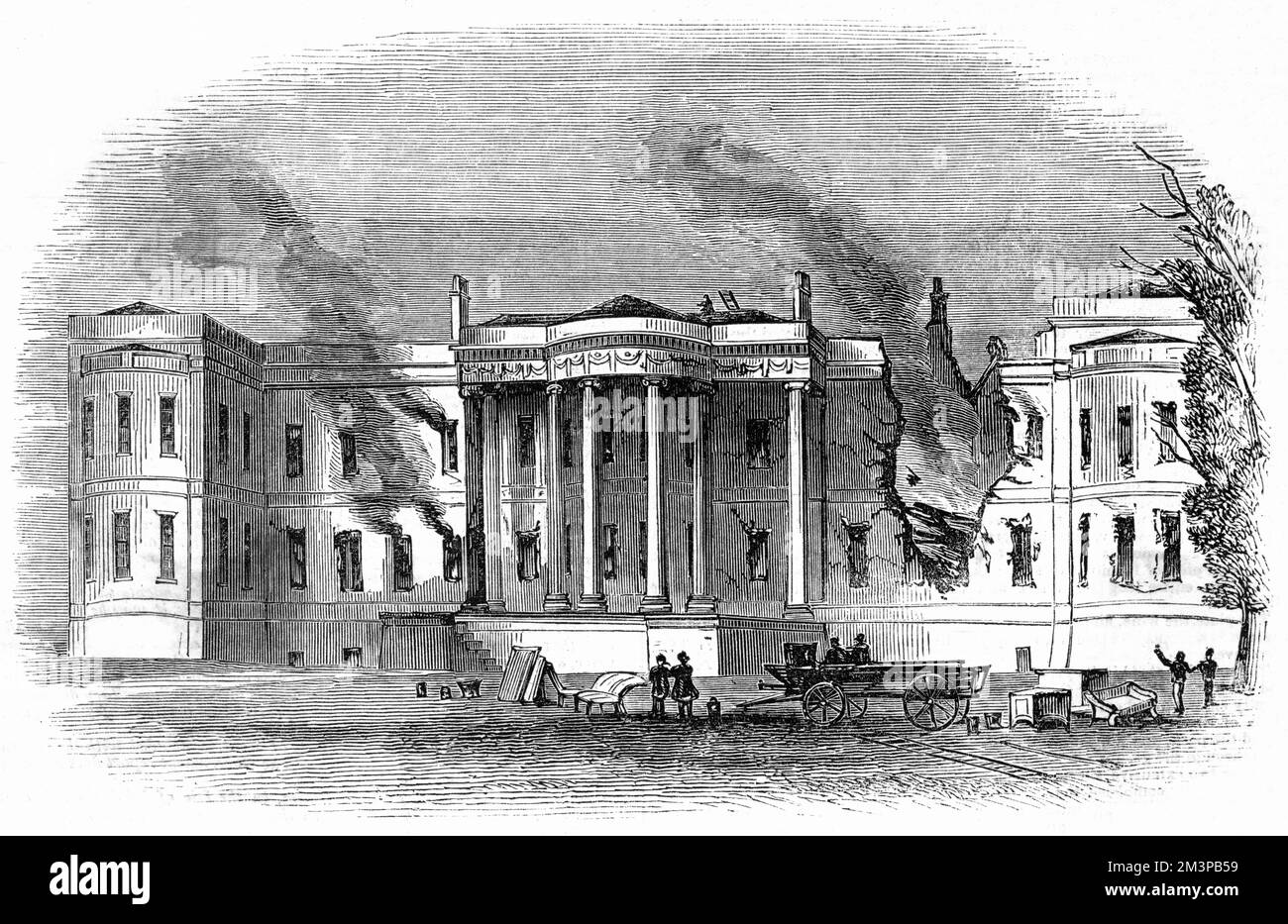 Luton Hoo, which straddles the Hertfordshire and Bedfordshire borders between the towns of Harpenden and Luton. In 1843 a devastating fire occurred and much of the house and its contents were destroyed. This engraving shows the aftermath (the scene the following morning) of the conflagration. Following the fire the house remained a burnt shell until the estate was sold in 1848.     Date: 1843 Stock Photo
