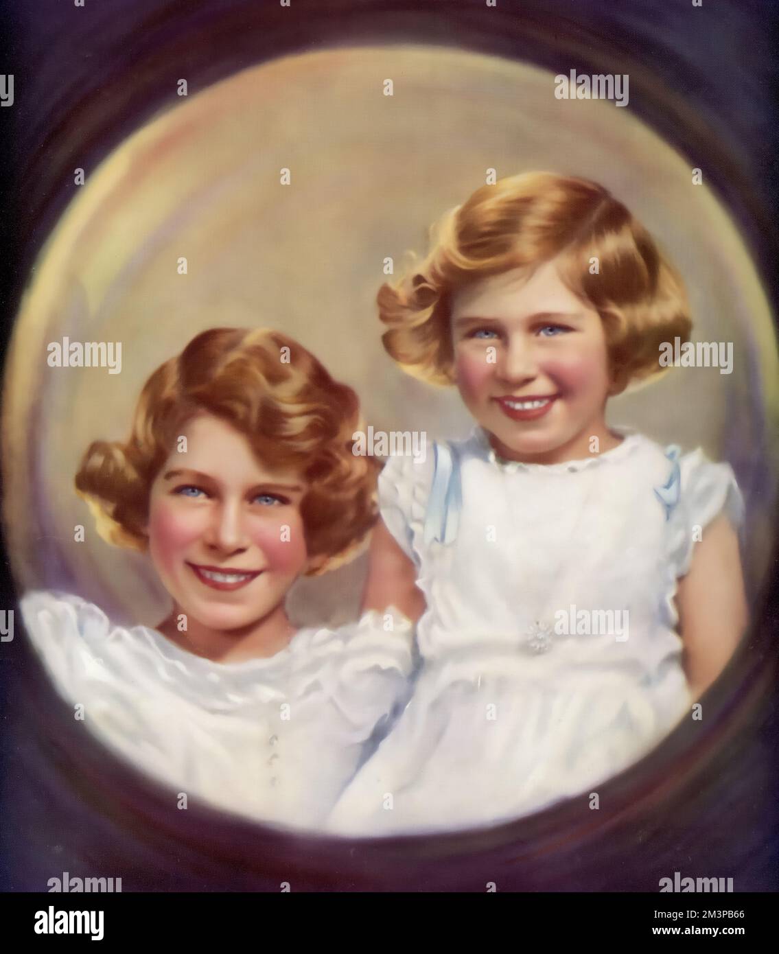 Princesses Elizabeth and Margaret, c1937. Princesses Elizabeth, later Queen Elizabeth II (1926-2022) and Princess Margaret, later Princess Margaret, Countess of Snowdon (1930-2002), photographed aged approximately 11 and 7 years old. Stock Photo