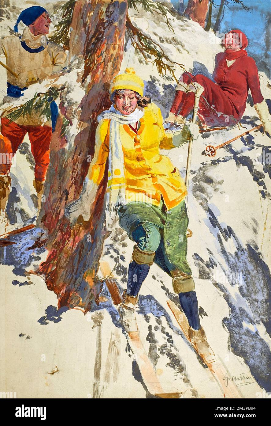 Two women and a man in skiing outfits on a slope, taking a short cut back to St Moritz, Switzerland.      Date: 1914 Stock Photo