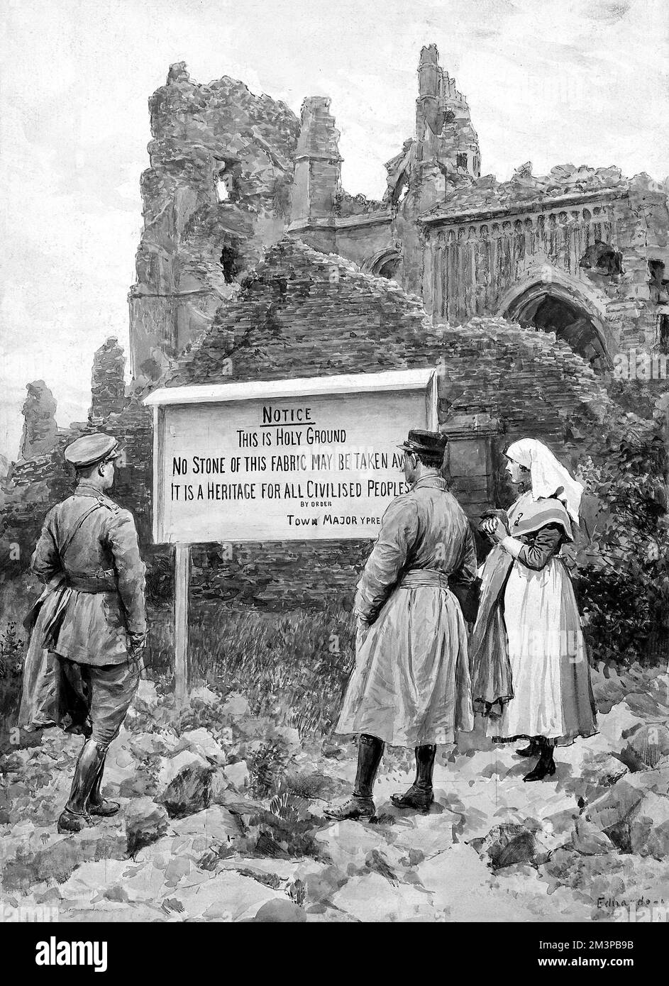 Two army personnel and a nurse viewing a sign outside a ruined church. The sign reads: 'This Is Holy Ground. No Stone Of This Fabric May Be Taken Away. It Is A Heritage For All Civilised Peoples'. Stock Photo
