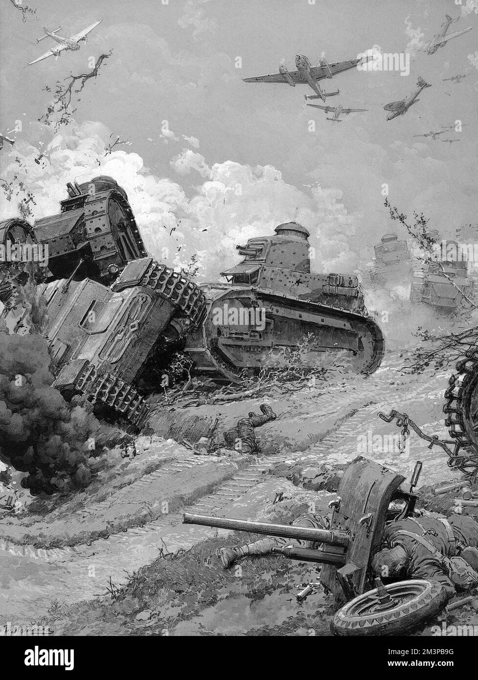 Army tanks in battle with planes overhead.      Date: 1940 Stock Photo