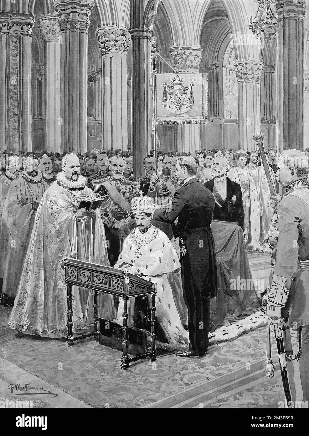 The Coronation of Haakon VII (Prince Carl of Denmark and Iceland, born Christian Frederik Carl Georg Valdemar Axel (18721957) and Queen Maud of Norway in Nidaros Cathedral in Trondheim on the 22nd June 1906.     Date: 1906 Stock Photo