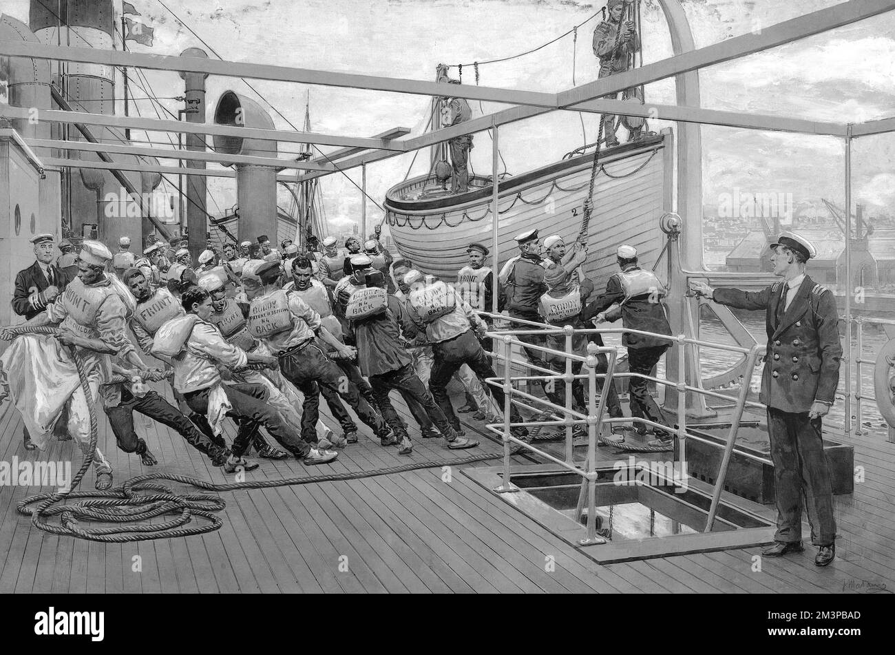 Sailors hauling a boat onto the deck of a ship, directed by an officer, probably as part of a lifeboat drill, May 1915.      Date: 1915 Stock Photo