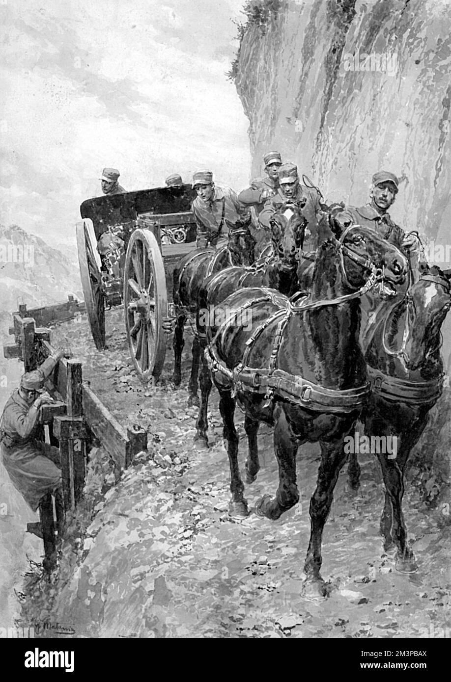 Italian artillery in the Alps during the First World War. Travelling on a new military road, a soldier climbs over and makes sure that the timbers are not displaced by the weight of the passing gun.      Date: 1916 Stock Photo