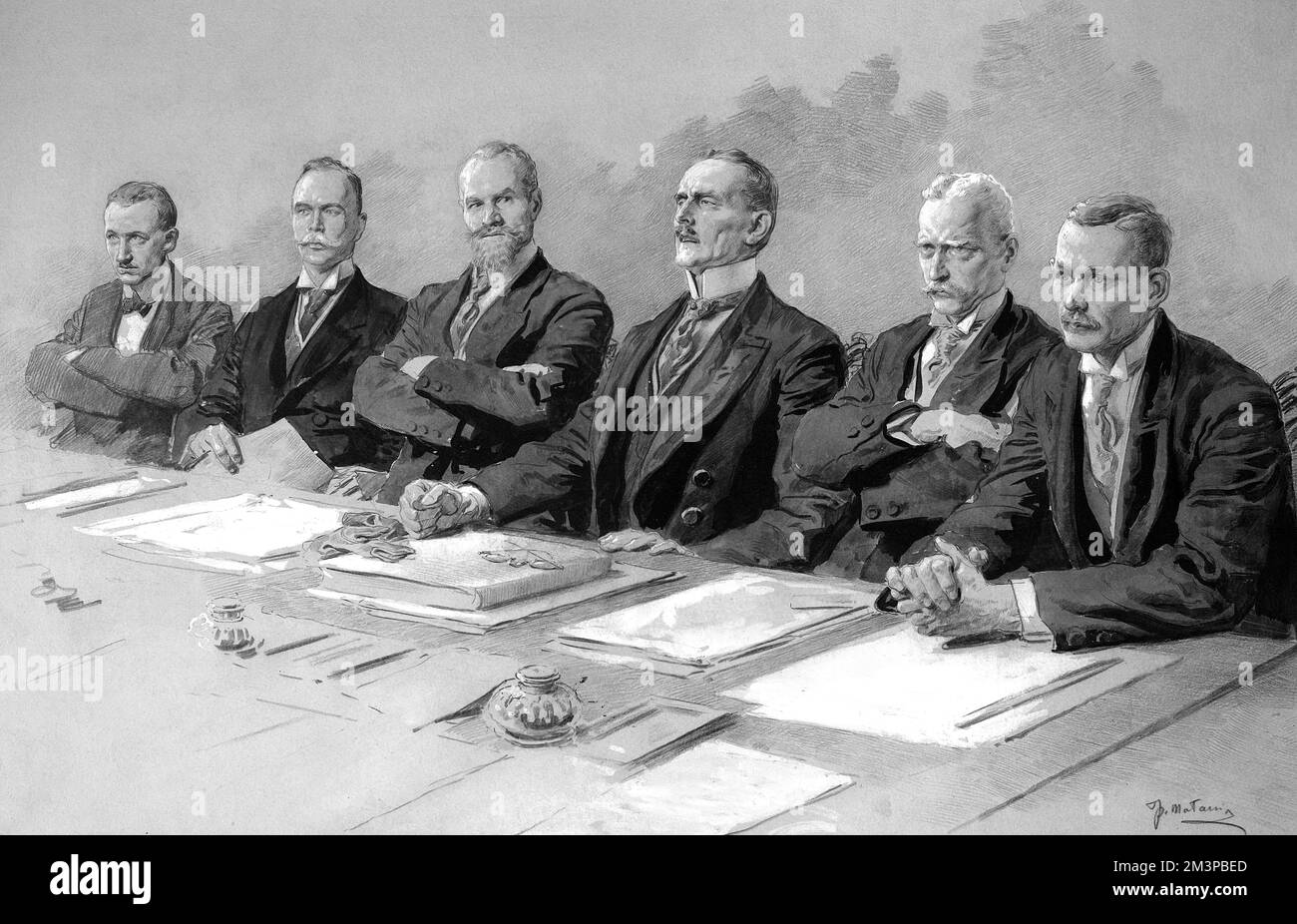 The Fate of the German Empire. The German delegates listen to the reading of the Peace Terms.  They are: Dr Melchior; Herr Leinert (President of the Assembly), Dr Landsberg (Minister of Justice), Count Brockdorff-Rantzau, Herr Giesberts (Minister of Posts), and Professor Schucking (Professor of International Law).      Date: 1919 Stock Photo