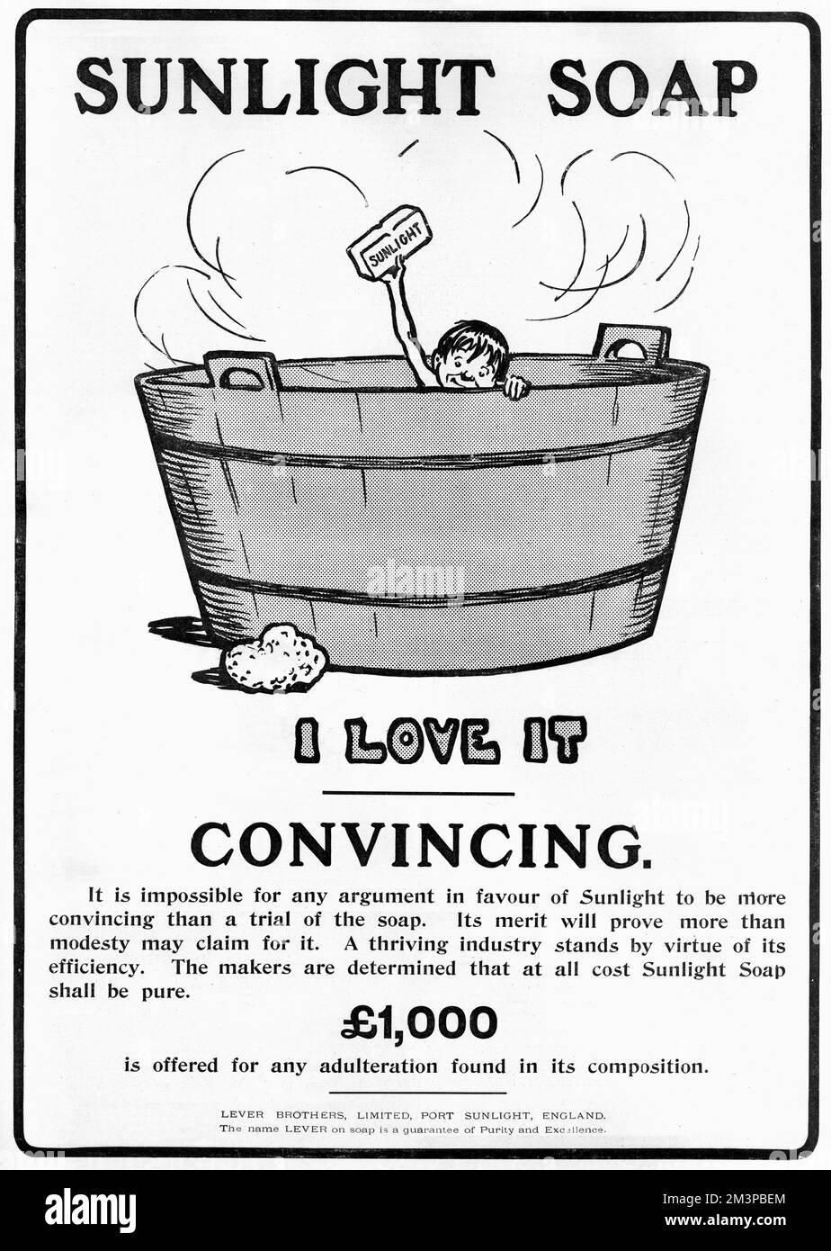Advertisement for Sunlight Soap manufactured by Lever Brothers at their famous Port Sunlight factory, featuring a small boy in a wooden tub bath holding up his bar triumphantly.  The advertisement also offers 1000 to anyone finding an 'adulteration in its composition.'     Date: 1907 Stock Photo