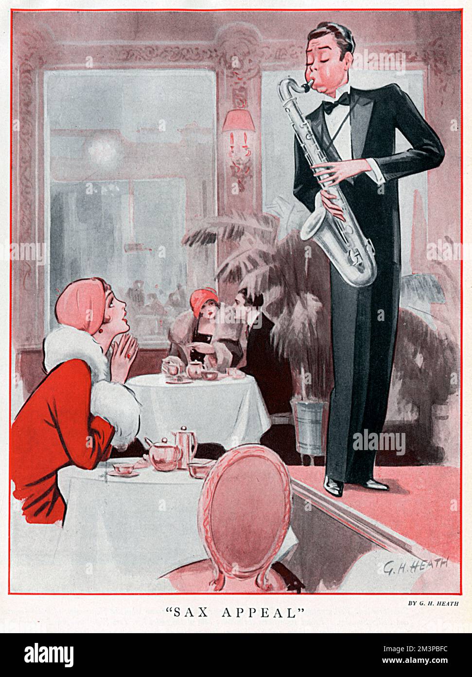 A young woman in a caf&#x982f;r restaurant, sits entranced by a saxophone player who appears to be playing a tune just for her.      Date: 1929 Stock Photo