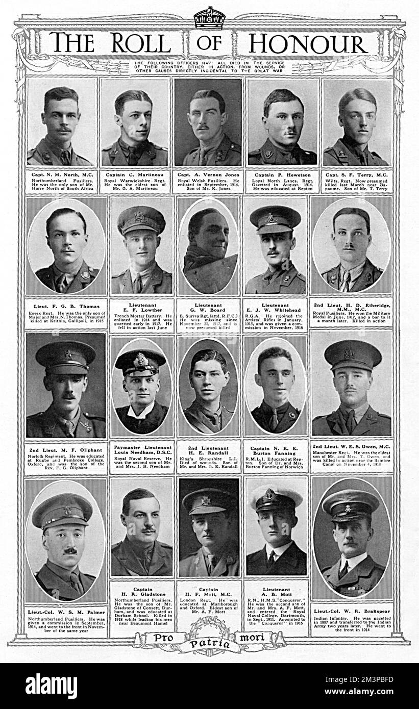 The Roll of Honour published in March 1919 and featuring portraits of officers killed in action towards the end of the First World War.  Among the portraits is that of 2nd Lieut. W. E. S. Owen of the Manchester Regiment - the First World War poet, Wilfred Owen, who was killed in action near the Sambre Canal on 4 November 1918, a week before the cessation of hostilities.     Date: 1919 Stock Photo