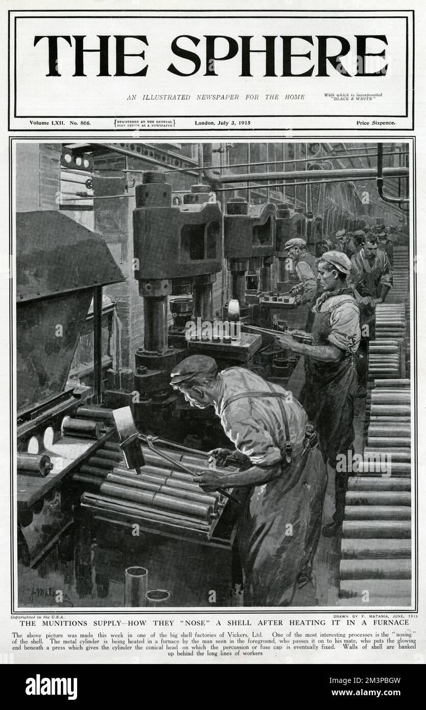 A scene in a British munitions factory, owned by Vickers Ltd. Shown here is the process of 'nosing' a shell. Metal cylinders are heated in a furnace by the man shown in the foreground. He passes them to the next man along, who puts the glowing end beneath a press which gives the cylinder  the conical head on which the percussion or fuse cap is ultimately fixed. Behind the workers may be seen walls of shells.     Date: June 1915 Stock Photo