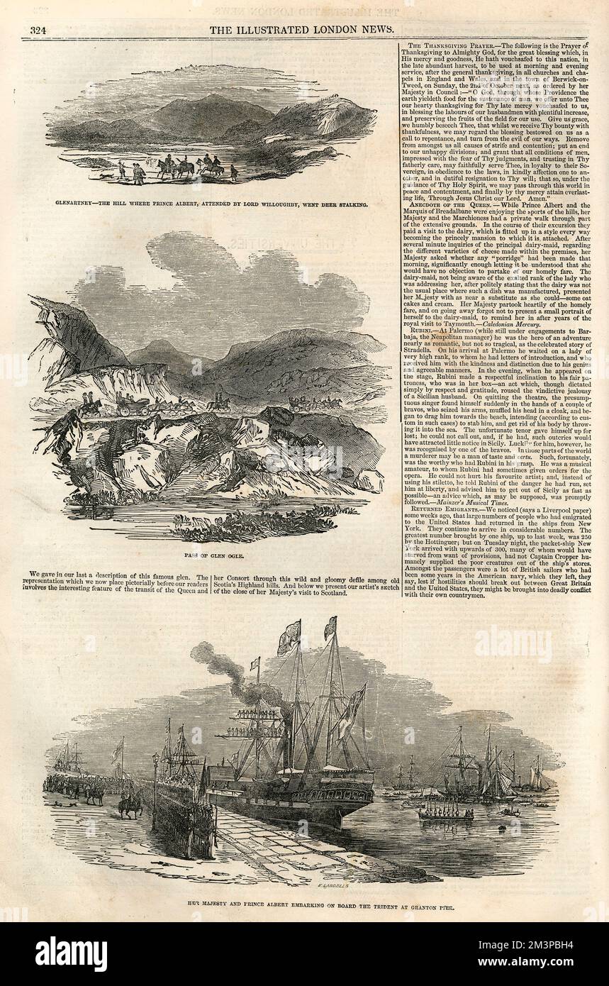 Page 4 of the Illustrated London News, 1st October 1842, featuring engravings of Glenartney, the pass of Glen Ogle, and the Trident ship at Granton Pier.     Date: 1842 Stock Photo