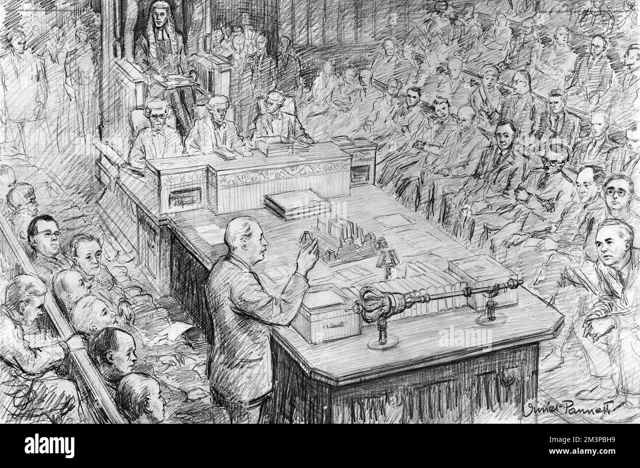 'We have not been parties to deception.' Artist's impression by Juliet Pannett, special artist for the ILN, showing Prime Minister Harold Macmillan, speaking in the House of Commons during the debate on the Profumo scandal on 17 June 1963.  John Profumo, Minister for War, resigned the next day after admitting he had lied to the House earlier that year in March regarding his affair with Christine Keeler, who was also believed to be having a simultaneous liaison with the Russian Naval Attache in London, Yevgeny Ivanov.      Date: 1963 Stock Photo