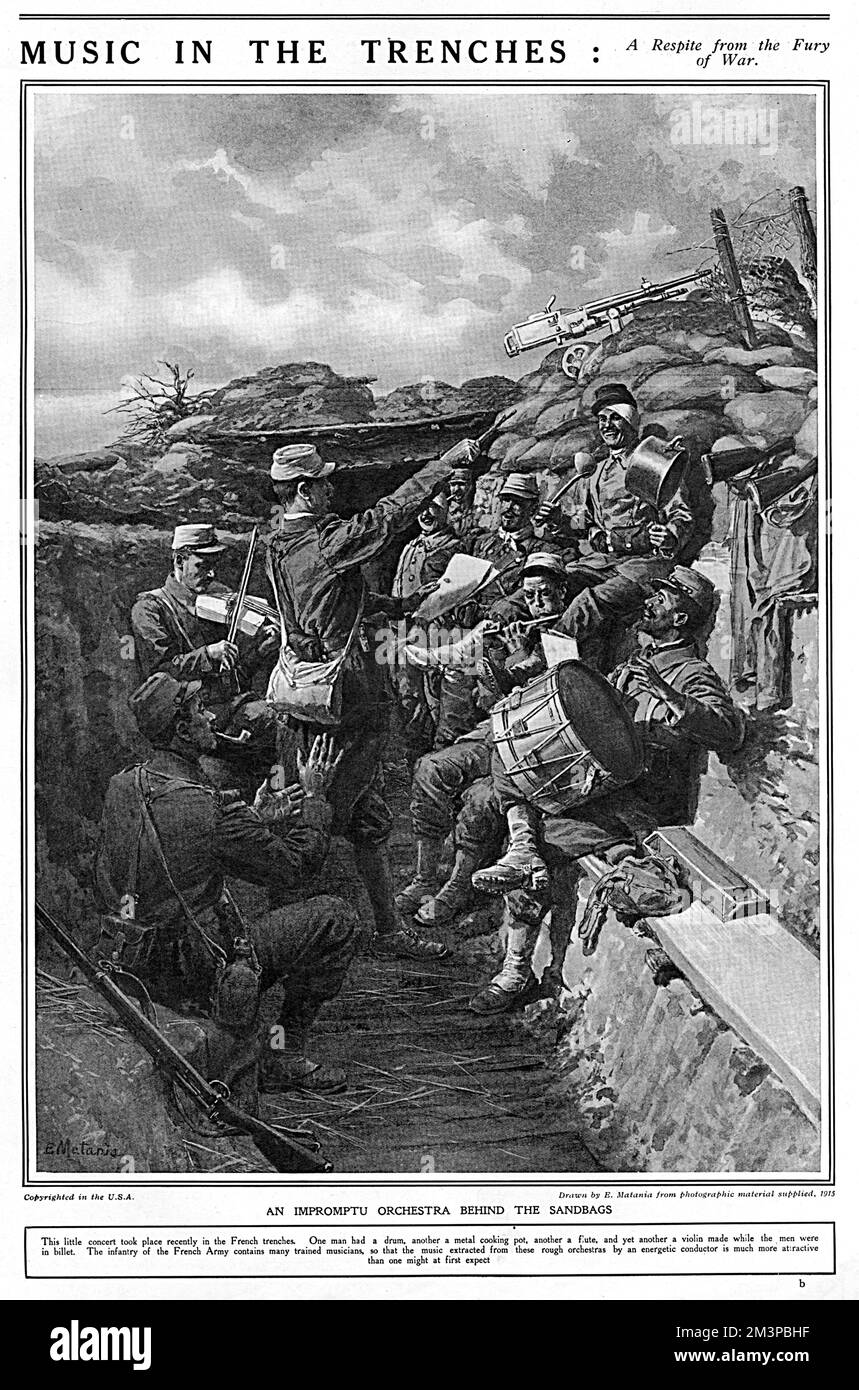 An impromptu musical performance by French soldiers in their trench. The instruments shown are a drum, a metal cooking pot, a flute and a self-made violin.  1915 Stock Photo