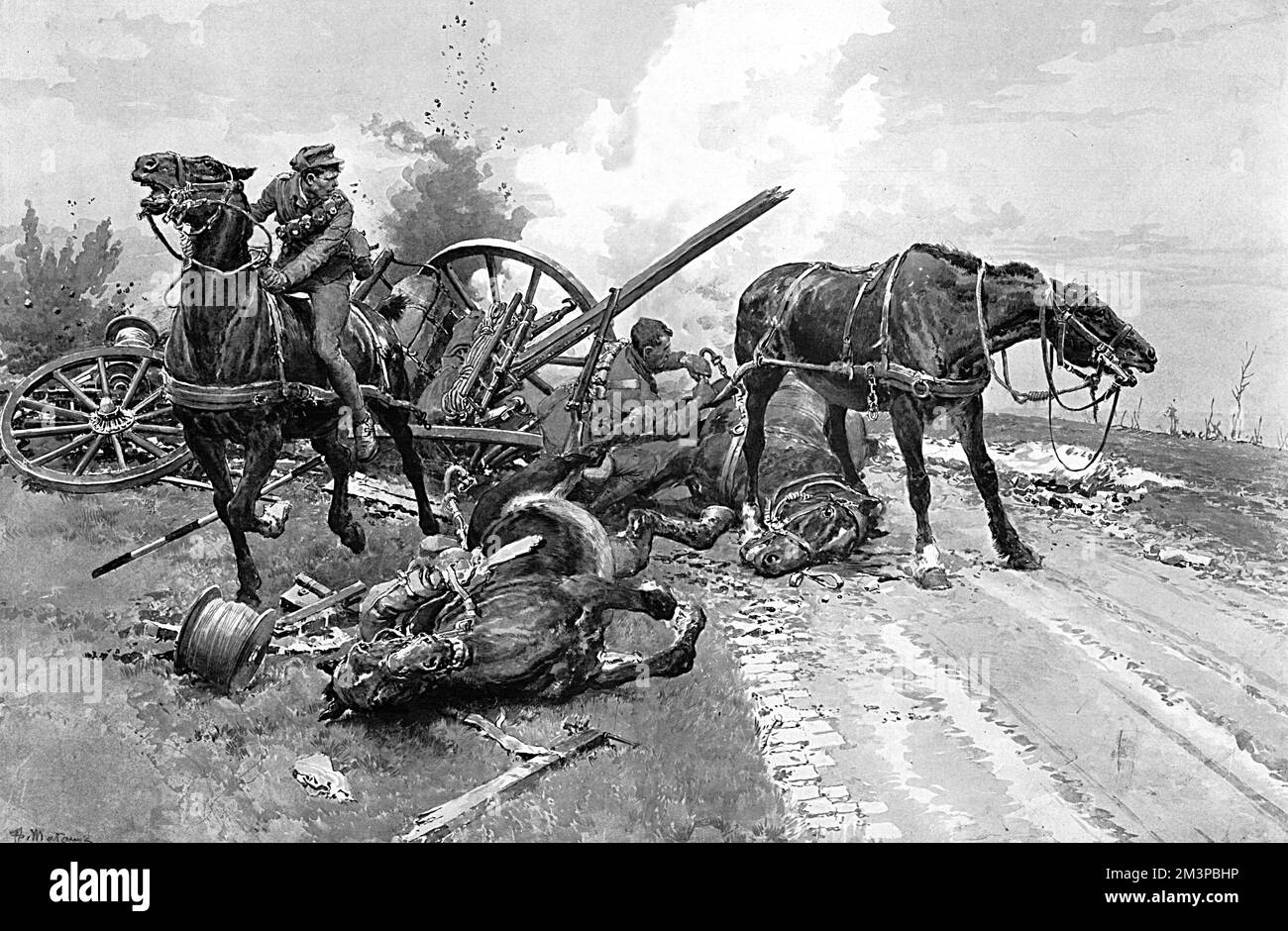 Telegraph work in Gallipoli - an unrecorded incident of individual bravery.  Two men of the 1st Royal Munster Fusiliers bringing two uninjured horses back to British lines during a severe Turkish bombardment.  According to an eye-witness account by an officer, 'This incident deserves to be recorded.  We were in trenches just on this side of the foreground; a four-horsed wagon containing poles for telegraphic purposes was coming over the hill, and just as it got to the crest a shell dropped near the waggon, badly damaging it and killing two of the horses.  There were, however, still two horses Stock Photo