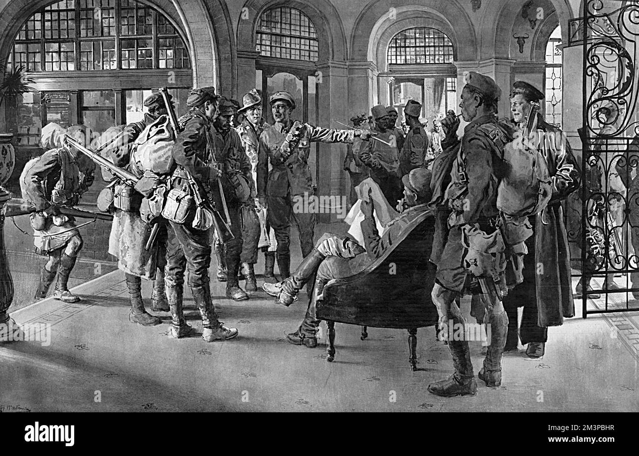 Soldiers and sailors back from the front, arrive in the entrance of hall of the Union Jack Club near Waterloo Station.  The club was funded through public subscription and opened in 1907 by King Edward VII as a club for servicemen home from the front and offered a dining room, smoking room, library, billard room, barber, bathrooms, bedrooms and a temporary address while in London.  The club also welcomed foreign servicemen.  In the background can be seen a group of Russian soldiers.       Date: 1916 Stock Photo