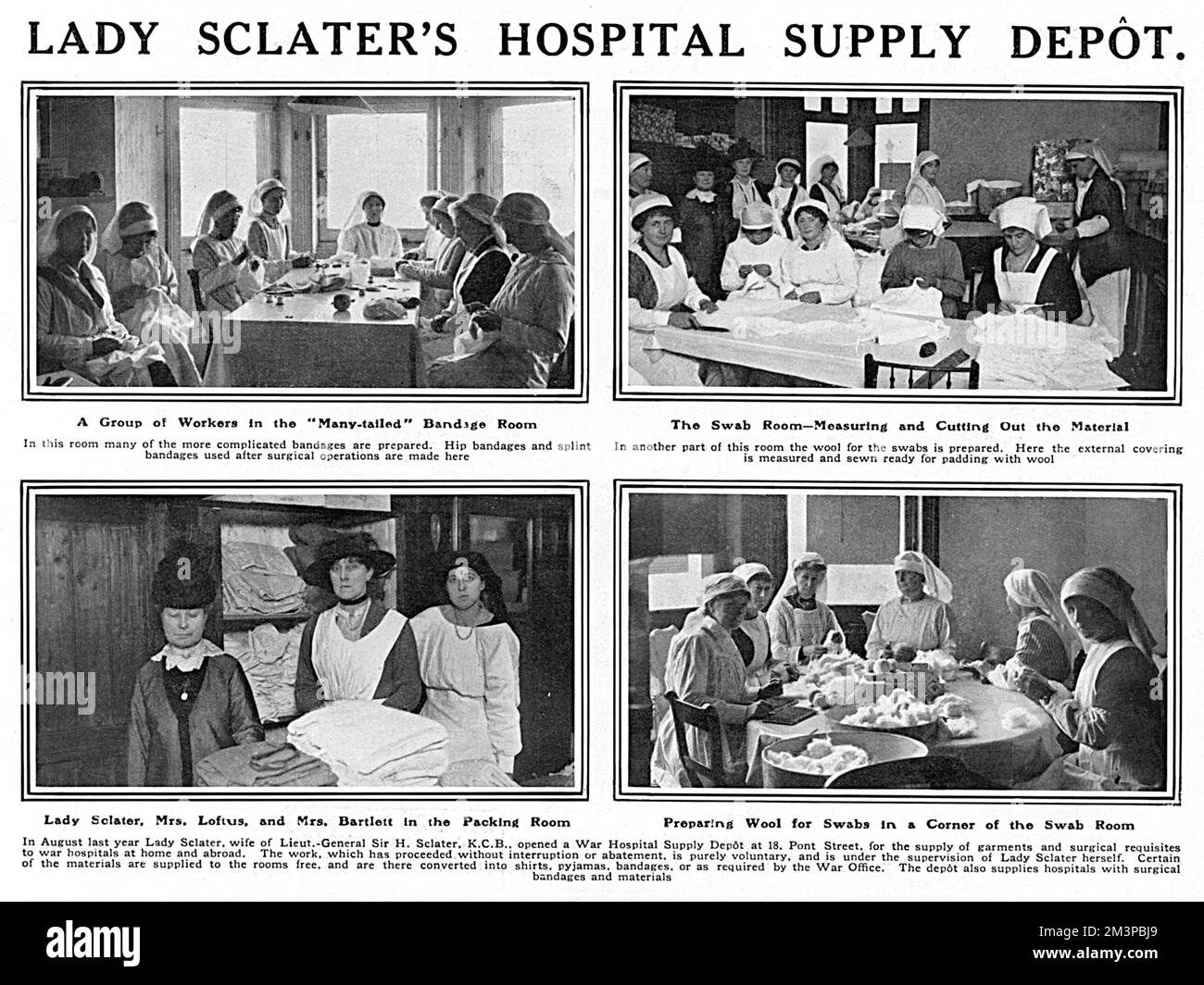 Four photographs in the Sphere magazine reporting on the War Hospital Supply Dept opened in August 1915 by Lady Sclater, wife of Lieut.-General Sir H. Sclater at 18 Pont Street, London to supply garments and surgical requisites to war hospitals at home and abroad.  The work was purely voluntary and done under the supervision of Lady Sclater herself. In a six month period from January to June 1917, 19,813 ladies attended, making and despatching a staggering 174,000 articles from life-saving waistcoats for men on mine-sweepers to hospital slippers.       Date: 1916 Stock Photo