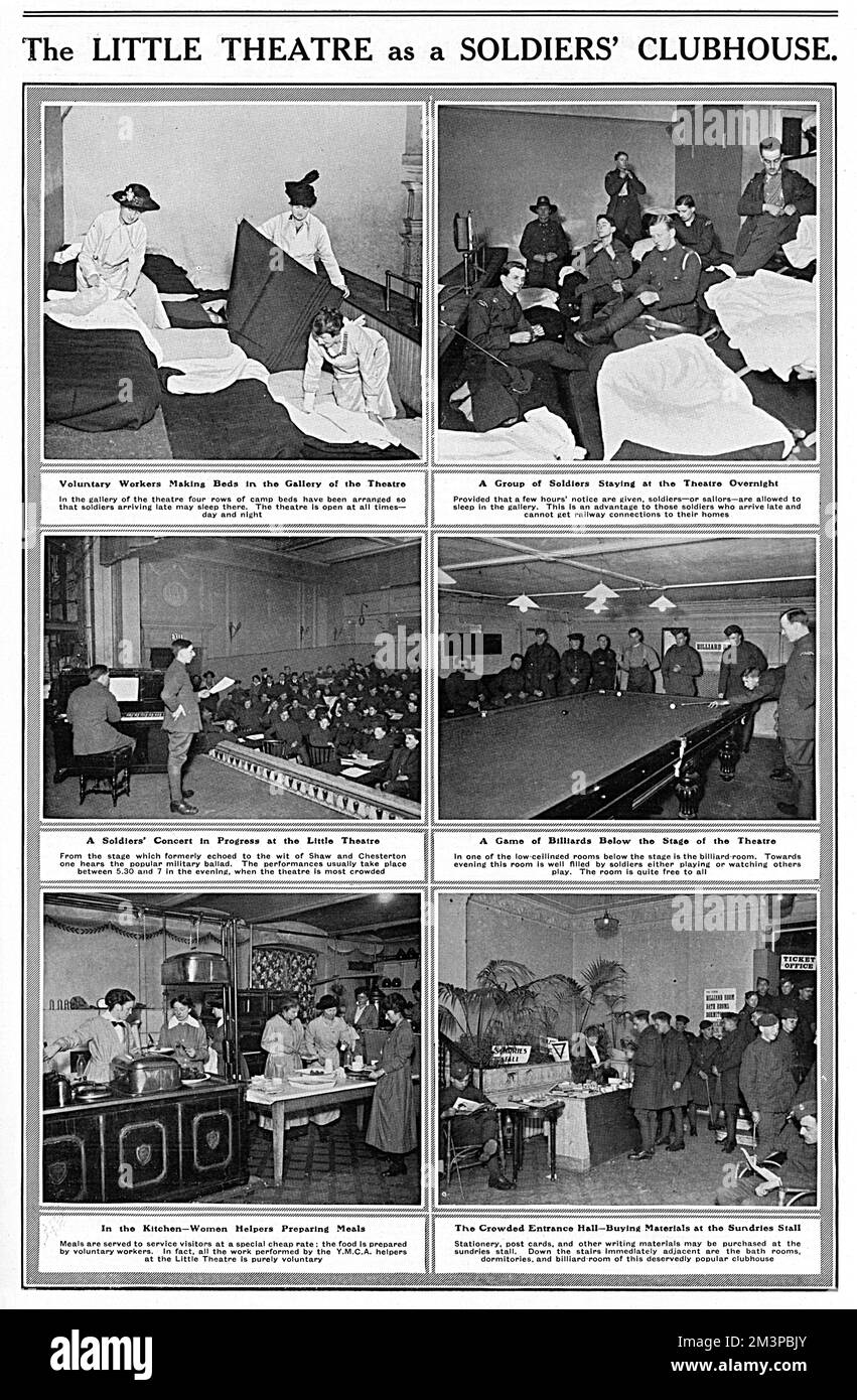 A page from The Sphere, reporting on how the Little Theatre, in the Haymarket, London (now the Theatre Royal, Haymarket) temporarily converted to become a soldiers' clubhouse during the First World War.  Camp beds were arranged in the stalls, military ballads were performed between 5 and 7:30 each evening, a billiard room was below stage and Y.M.C.A. volunteers provided meals for visitors at a special cheap rate.  The final picture shows the theatre foyer with soldiers buying things like postcards from the 'sundries stall.'     Date: 1916 Stock Photo