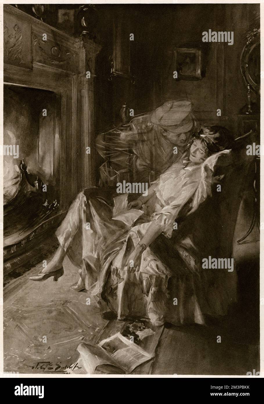 A young woman, asleep in an armchair by an open fire dreams of receiving a kiss on the cheek from the ghost of her soldier husband or sweetheart.       Date: 1916 Stock Photo