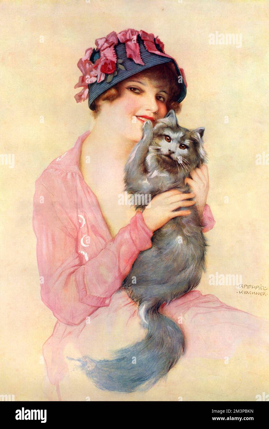 A pretty young woman in pink blouse hugs a long-haired grey cat.  Illustration by Raphael Kircher reproduced in The Illustrated London News Christmas Number.  Kirchner's pin-ups in The Sketch were incredibly popular during the Great War.  This is a rather more sedate picture, more suitable for a family magazine.      Date: 1916 Stock Photo
