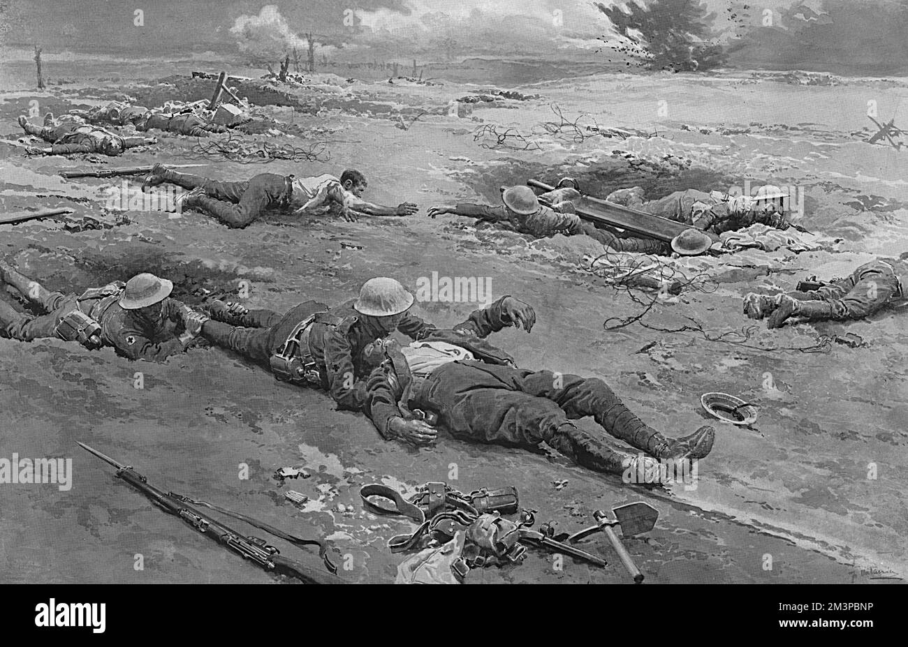 A party of men from the Royal Army Medical Corps bringing in the wounded from No Man's Land after an action on the Western Front.  Crawling along on their bellies, the men have to keep close to the ground and haul the injured back to the British lines over broken and shell pitted ground to avoid enemy fire.  Any slight depression in the ground offers some temporary shelter.  In the case of this picture, the wounded belong to a wiring party and so there is the added difficulty of the disorderly coils of wire to be overcome by the men of the Medical Corps.  In many cases, the work of rescuing th Stock Photo