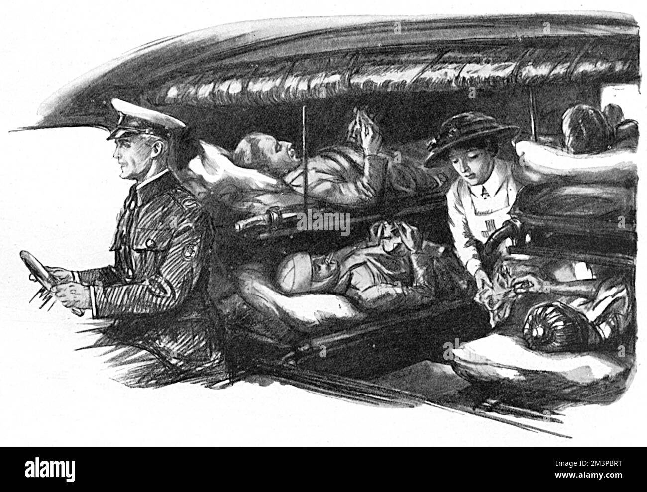 Wounded soldiers on stretchers (cot cases), having arrived in London via a hospital train are pictured inside an ambulance being offered bananas and a packet of cigarettes by an attending nurse.  During the First World War, ambulance trains arrived daily at the termini of the South Coast railways and the occupants were distributed to the numerous military hospitals around London.  As well as meeting trains at Charing Cross, Waterloo, Clapham Junction and elsewhere as required, it undertook removal cases from one hospital to another and to convalescent homes in the country.       Date: 1916 Stock Photo