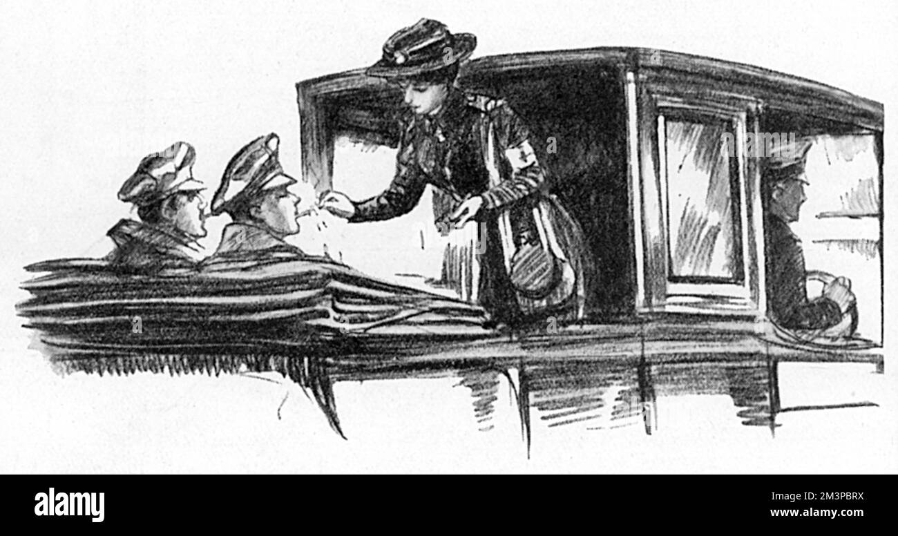 A female member of the London Ambulance Column offers a cigarette and a light to two wounded soldiers - 'sitting' cases (as opposed to 'cot' cases who arrived on a stretcher) as they are driven to a hospital or convalescent home having arrived in London via a hospital train.  During the First World War, ambulance trains arrived daily at the termini of the South Coast railways and the occupants were distributed to the numerous military hospitals around London.  As well as meeting trains at Charing Cross, Waterloo, Clapham Junction and elsewhere as required, it undertook removal cases from one h Stock Photo