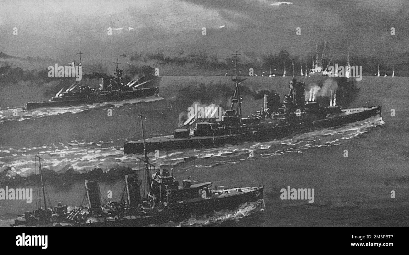 A scene of the night-time action on Friday 28 March during the Battle of Cape Matapan, off the Greek Peloponnesian peninsula, as British Royal Navy warships bombard the Italian battleships. Several Italian ships were sunk or severely damaged during the engagement     Date: 27 - 29 March 1941 Stock Photo