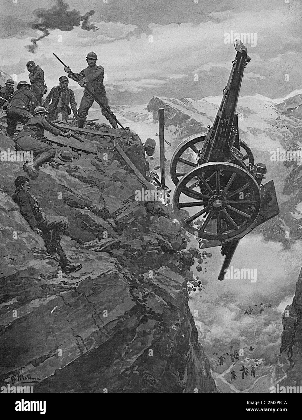 Retreating in the face of an Austrian advance, Italian artillerymen pitch their gun over a mountain precipice into the valley below, preferring to destroy the weapon rather than risk it falling into enemy hands     Date: 1917 Stock Photo