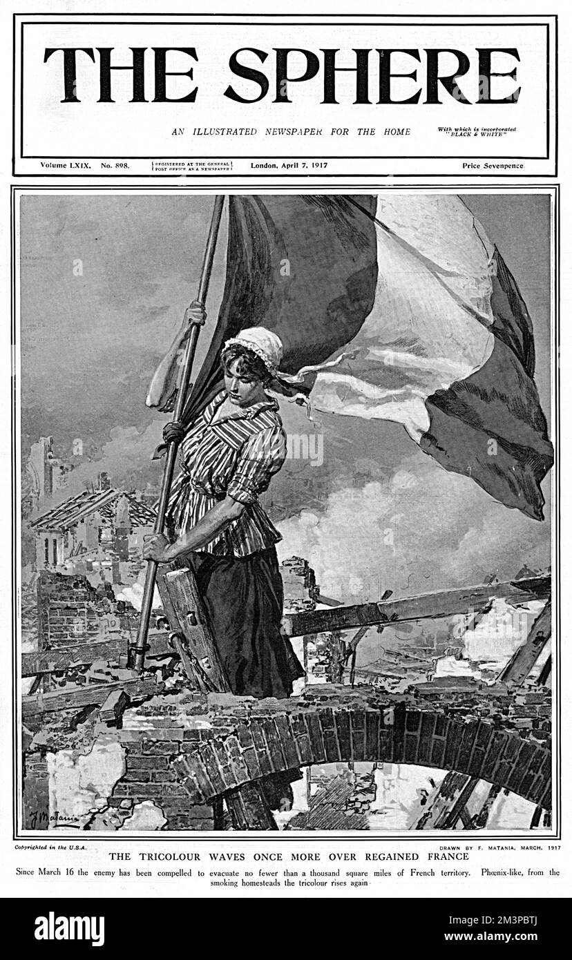 A symbolic illustration by Fortunino Matania showing a French woman raising a Tricolour flag in the ruins of her home, land regained following a German retreat.     Date: March 1917 Stock Photo