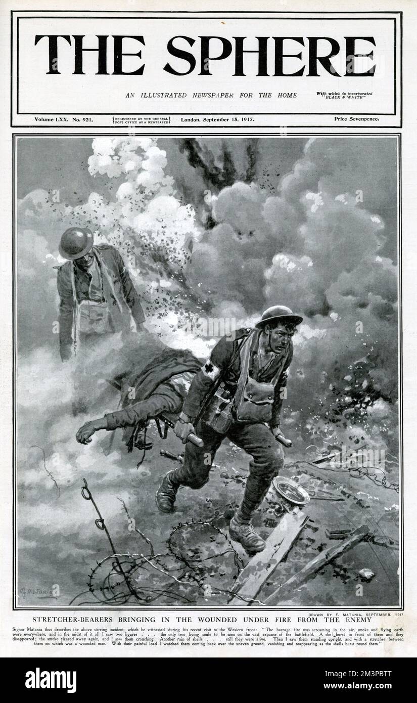 An illustration by Fortunino Matania based on an incident he witnessed during a visit to the Western front. Two British stretcher bearers emerge from the smoke as shells burst around them, carrying a wounded soldier back to the British lines.     Date: September 1917 Stock Photo
