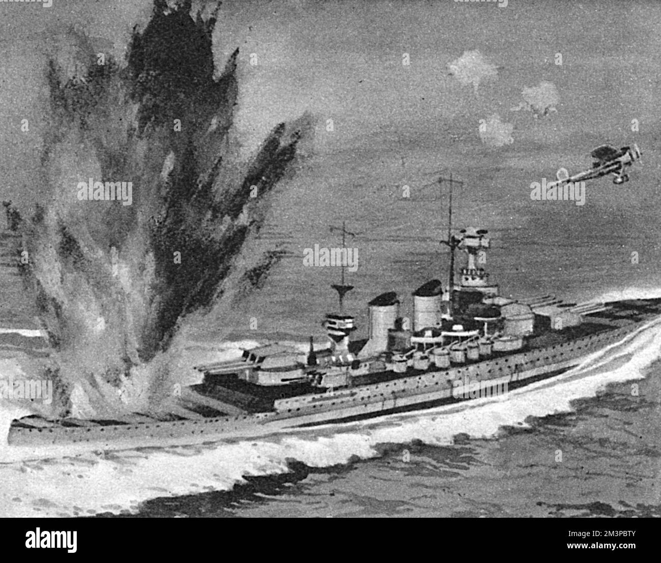 At 11.30am The Italian battleship, the Vittorio Veneto, is attacked by British Fairey Albacore torpedo bombers, launched from the aircraft carrier H.M.S. Formidable     Date: 28 March 1941 Stock Photo